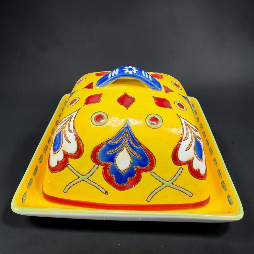 Dutch Wax‎ Coastline Imports Handpainted Ceramic Butter Dish Yellow Folk Art